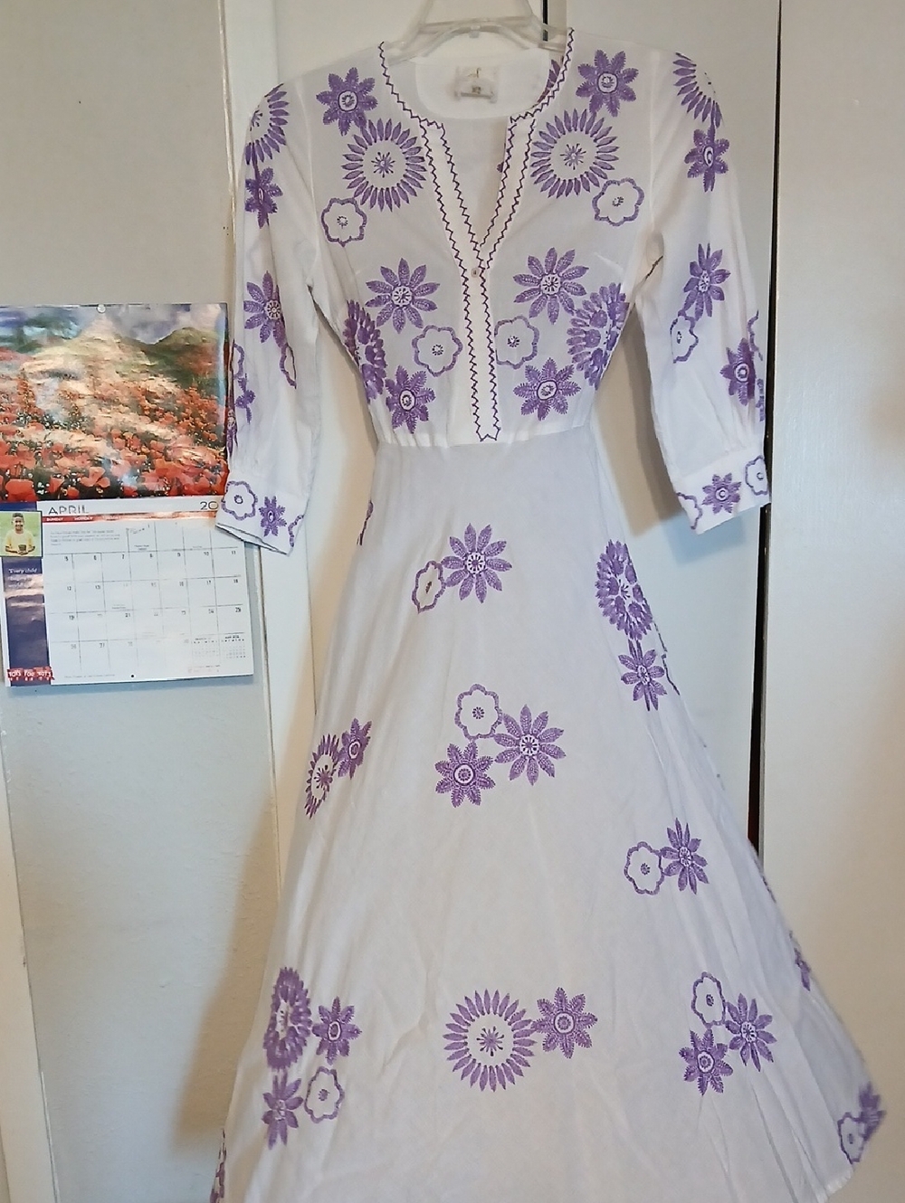 White Maxi Dress with Lavender Floral Embroidery